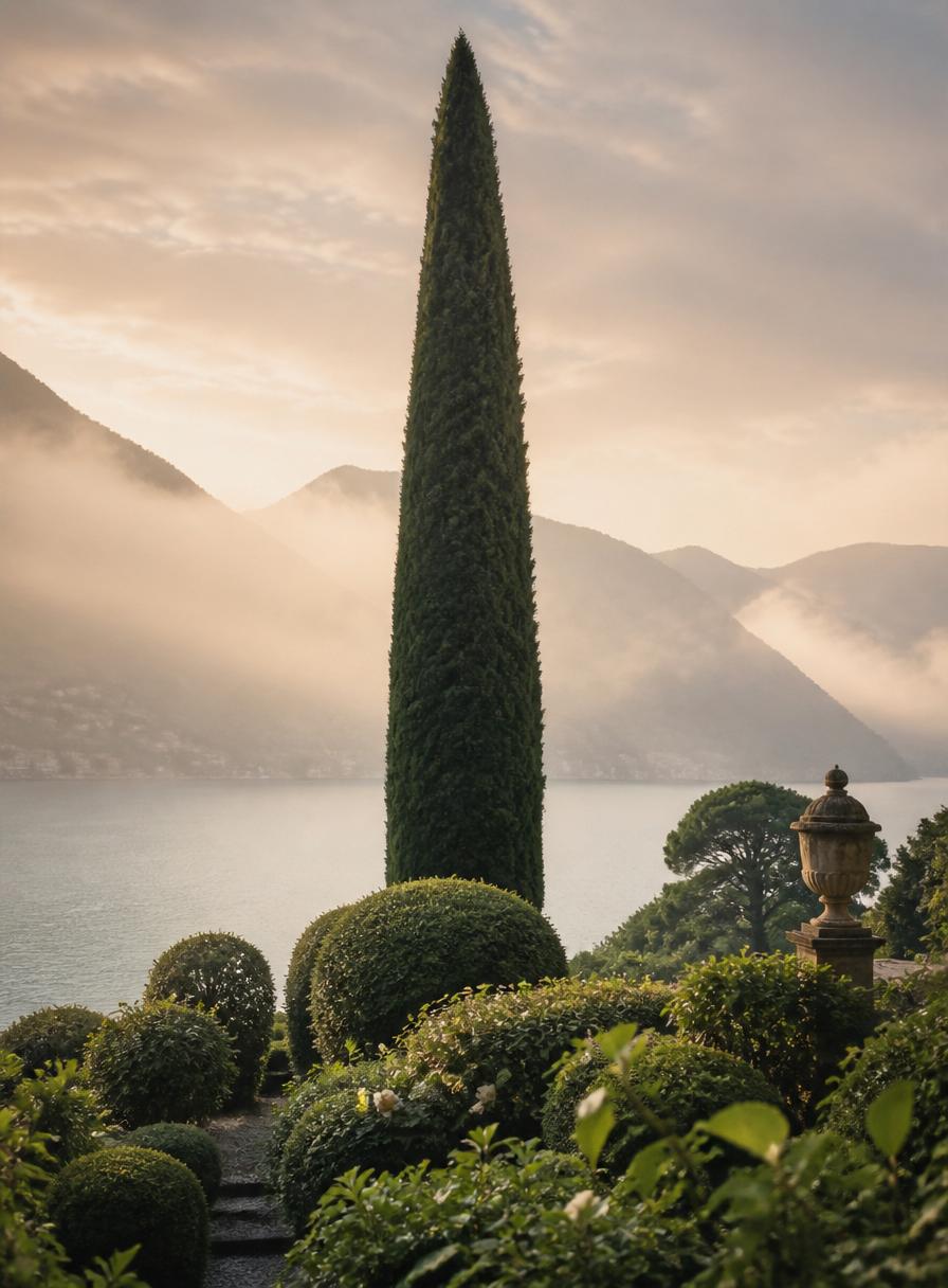 A single cypress rising over a Lake Como garden at dawn.